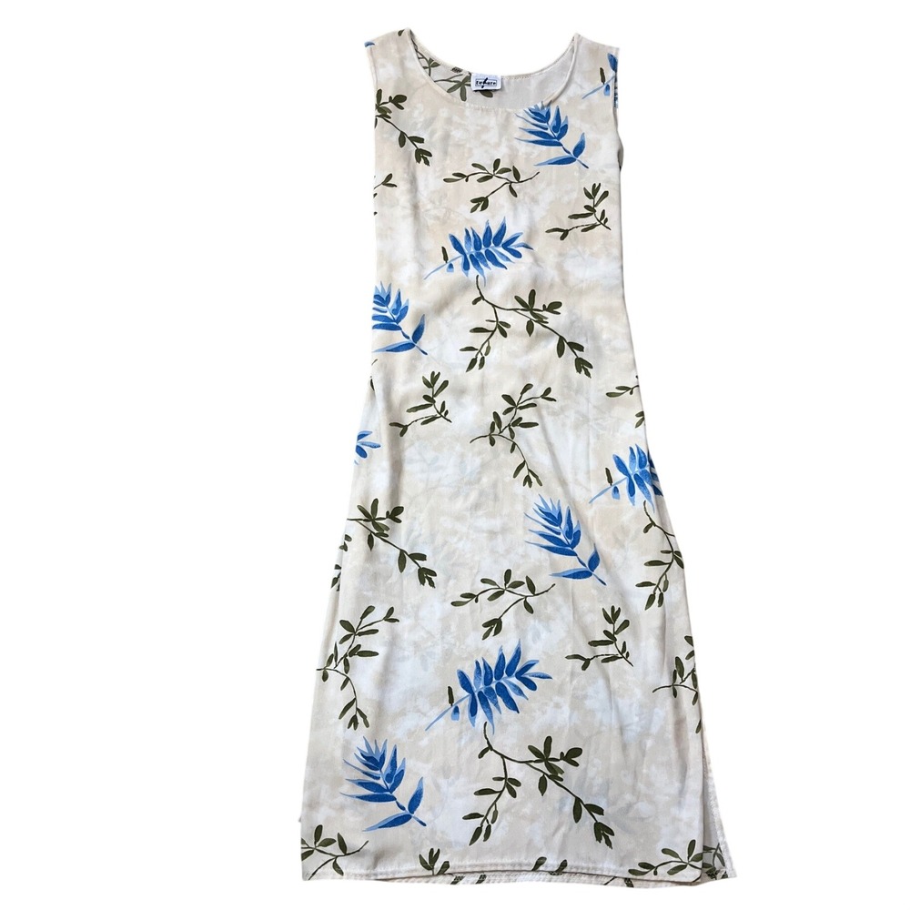 Y2K Flowy Beware Floral Maxi Dress Cream Blue Tropical Leaf Sleeveless XS/S